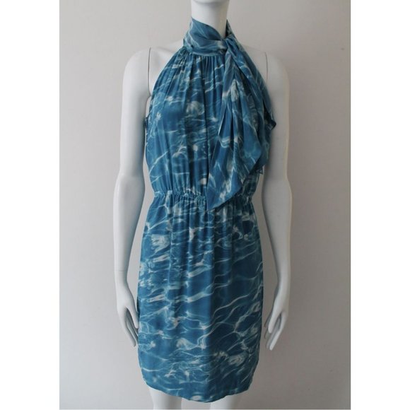 Akris Punto Water Print High Neck Silk Dress Blue White Size US 4 - Picture 2 of 11